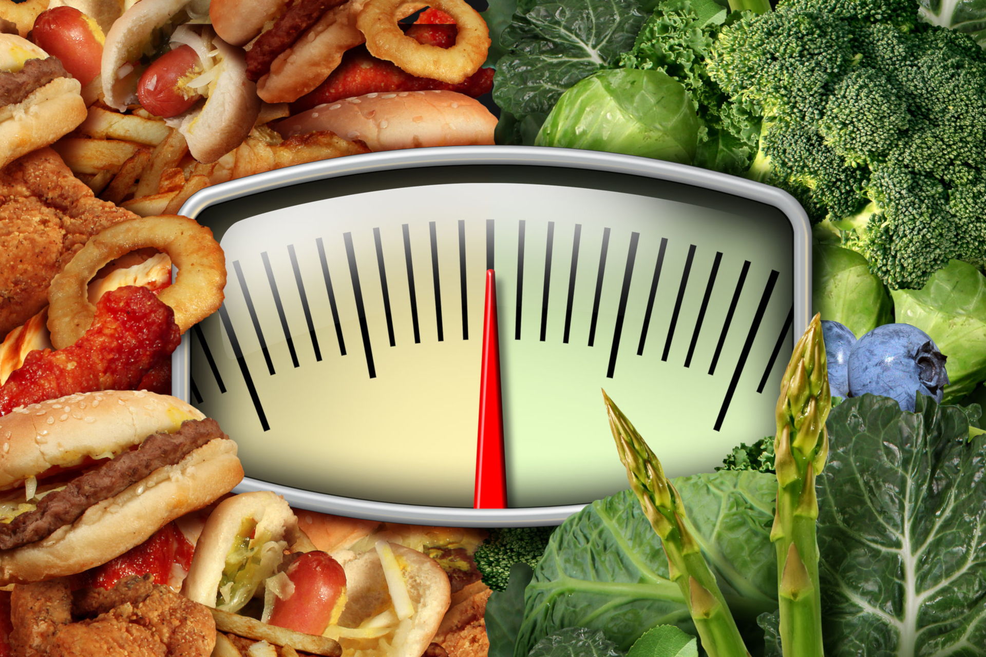 A Scale Surrounded By Healthy Foods And Fatty Foods