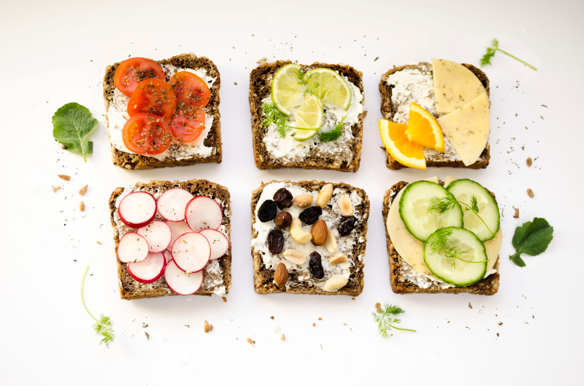 6 Slices Of Brown Toast With Different Toppings